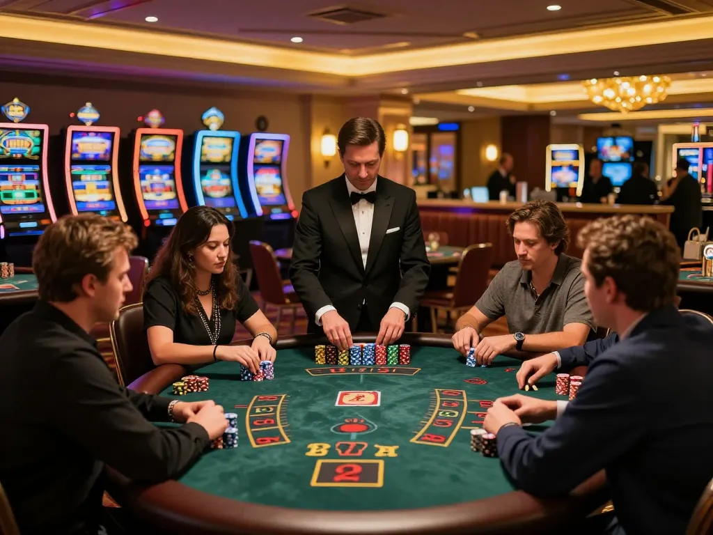 Immobilienmakler Frankfurt Ginnheim Spieler, die am Blackjack-Tisch in einer lebhaften Casino-Atmosphäre strategisieren.
