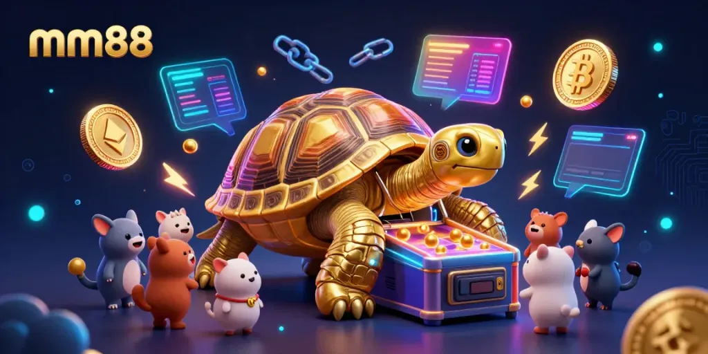 Engage with mm88's vibrant casino experience featuring a golden tortoise pinball machine surrounded by animated crypto elements.