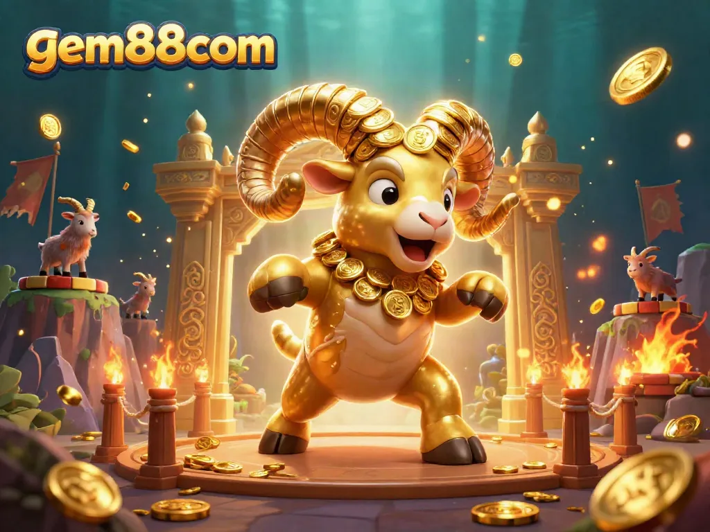 Experience thrilling action with gem88com's dynamic golden ram charging through a vibrant casino scene.