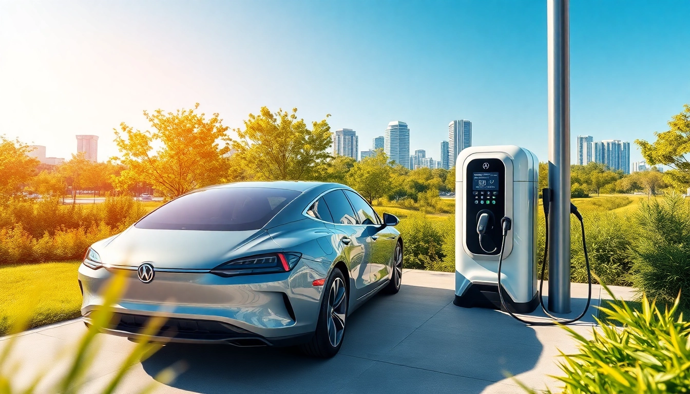 Elektroautos laden an einer modernen Ladestation in einer urbanen Umgebung.