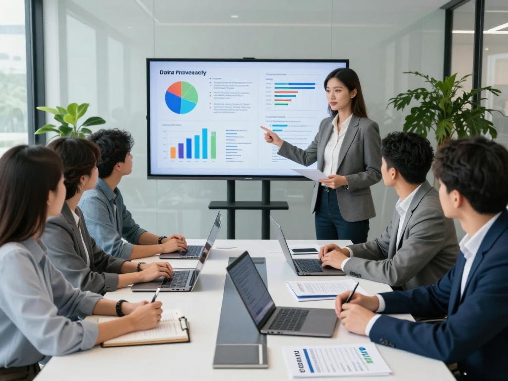 Branchenlösungen – Übersicht in a professional consulting office showing a group discussing data privacy solutions with a consultant.