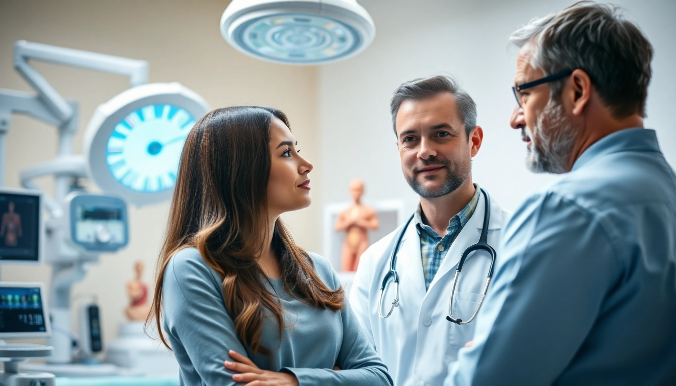 Beratung zu deus medical in einem modernen Arztbüro mit medizinischen Geräten.