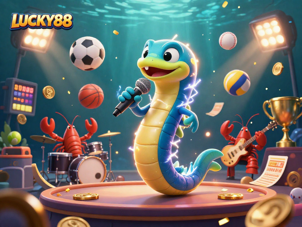 LUCKY88 features an electric eel DJ and band in an underwater casino, capturing thrilling betting action.