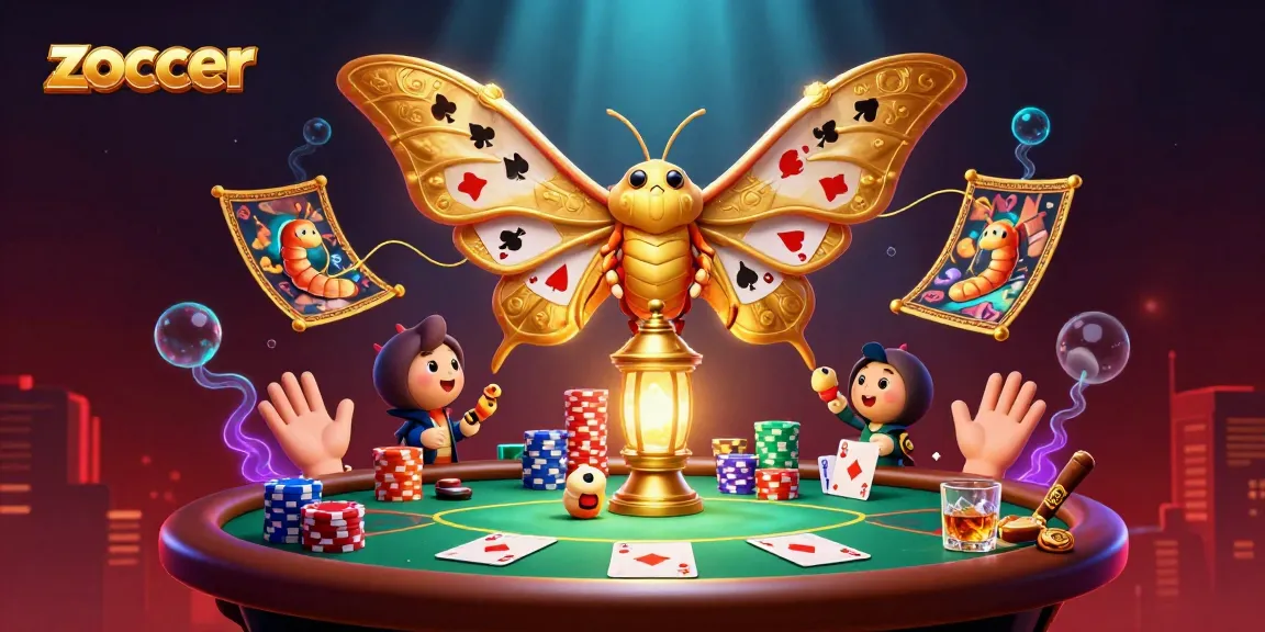 Zoccer showcases a vibrant casino scene with a moth and poker elements in action.