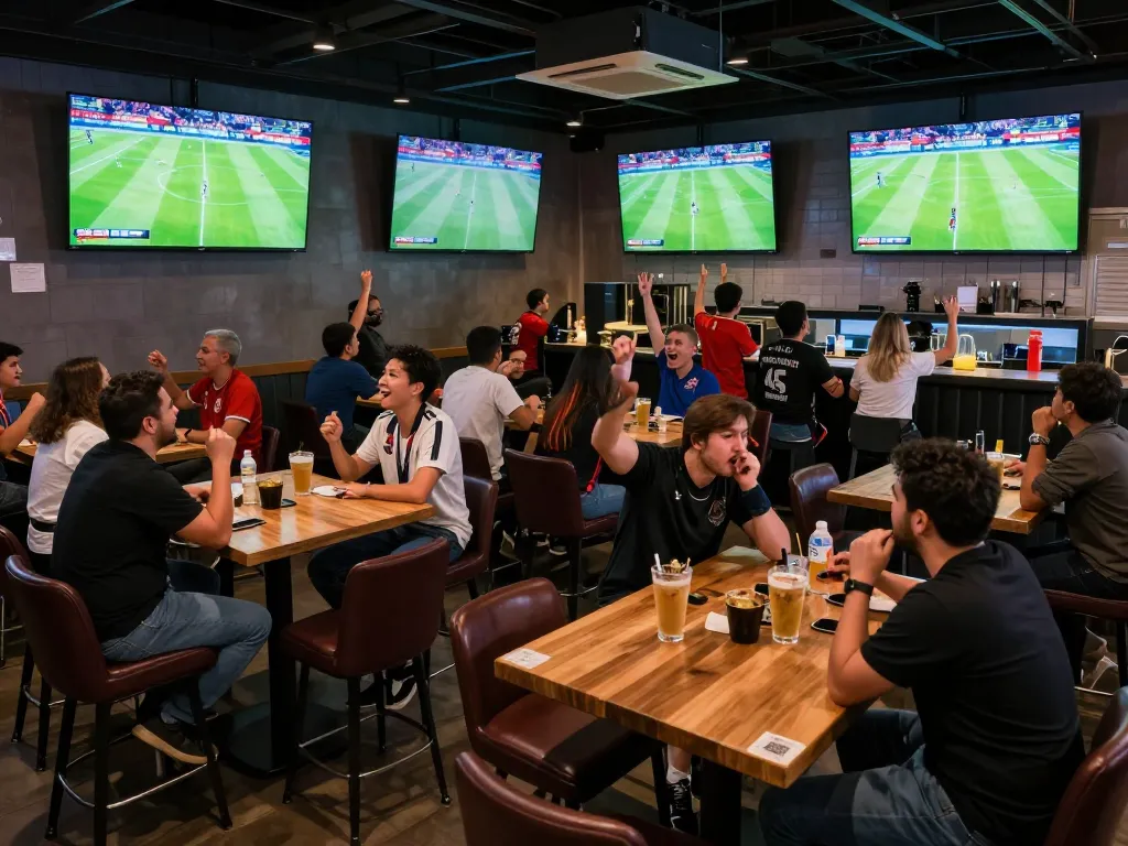 Socolive viewers cheering while watching live soccer matches in a vibrant sports bar