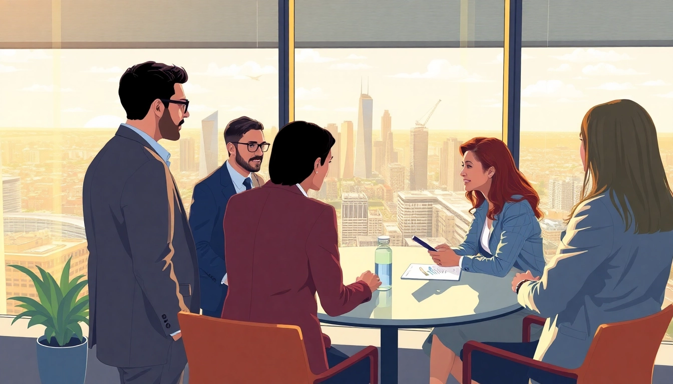 Business consultants discussing strategy in Hannover's skyline office for Unternehmensberatung Hannover.