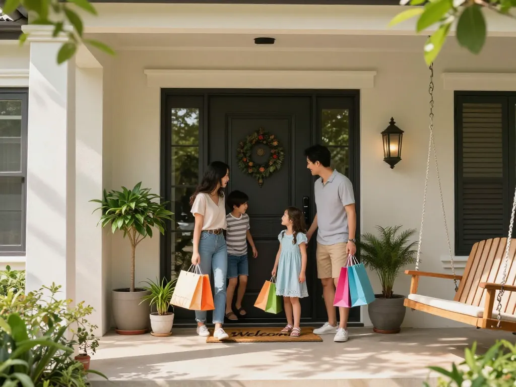 Elegante Haustür, die eine glückliche Familie mit Einkaufstüten und grünen Pflanzen willkommen heißt.