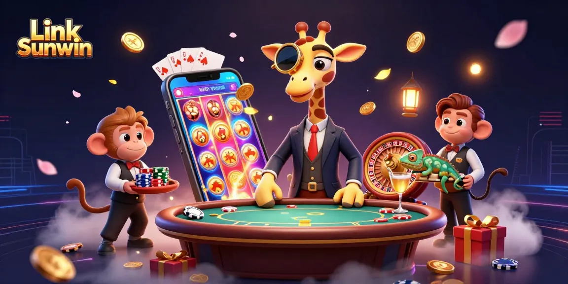 Experience the excitement of Link Sunwin with a vibrant 3D casino illustration featuring a high-roller giraffe.