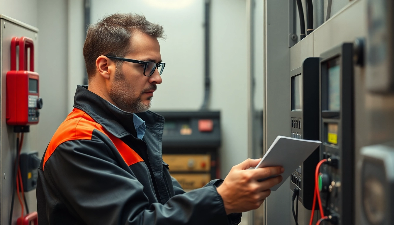 Techniker führt DGUV V3 Prüfung durch, während er elektrische Geräte inspiziert.