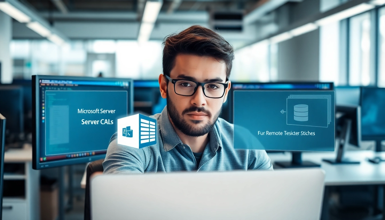 Microsoft Server CALs für Remote Desktop Nutzung in a professional IT workspace with multiple screens.