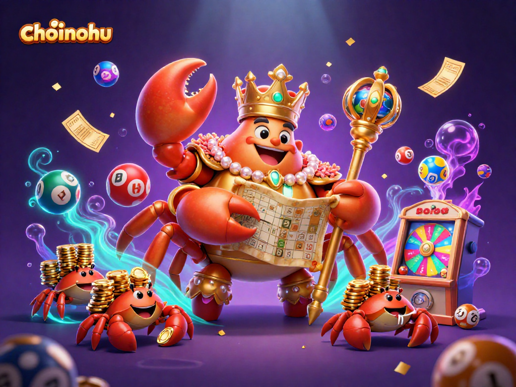 Engage in choinohu gaming with a golden crab emperor leading vibrant lottery elements in a lively casino scene.