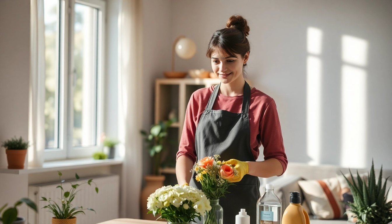Hauswirtschaftskraft in Hameln, die einen gepflegten Wohnraum mit frischen Blumen dekoriert.