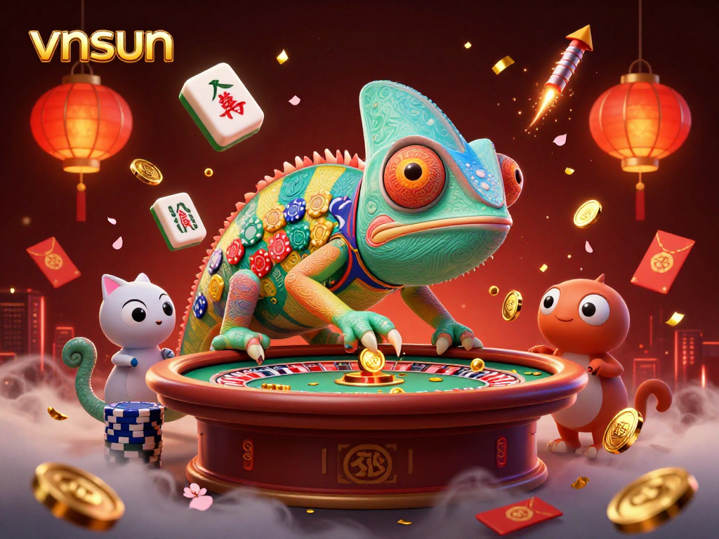 Experience thrilling gameplay at vnsun with a dynamic 3D casino scene featuring vibrant elements and golden treasures.