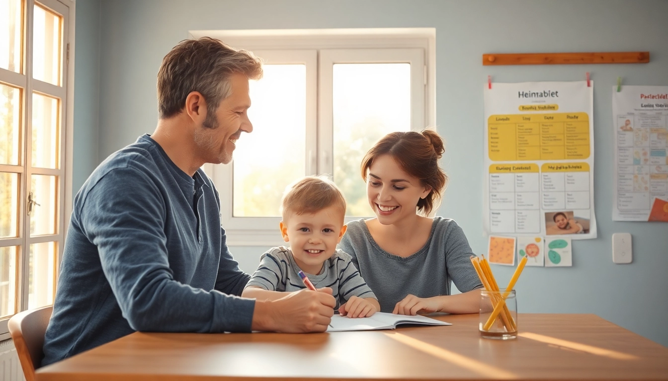 Ein Elternteil sorgt für effektiven Heimunterricht mit ihrem Kind an einem hellen Schreibtisch. Freundliche Szene mit Lernmaterialien und Sonnenlicht.