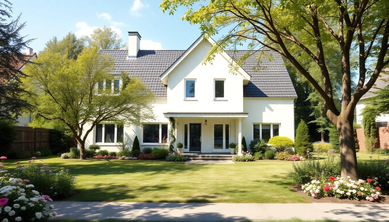 Entdecken Sie Ihr Traumhaus für den Hauskauf in einem idyllischen, einladenden Viertel mit blühendem Garten.