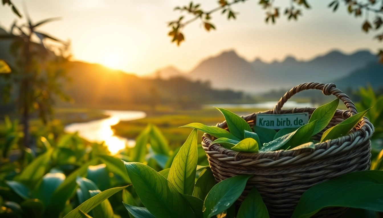 Explore the beauty of kratom with a serene Thai landscape featuring lush greenery and premium kratom leaves from https://www.kratombird.de.