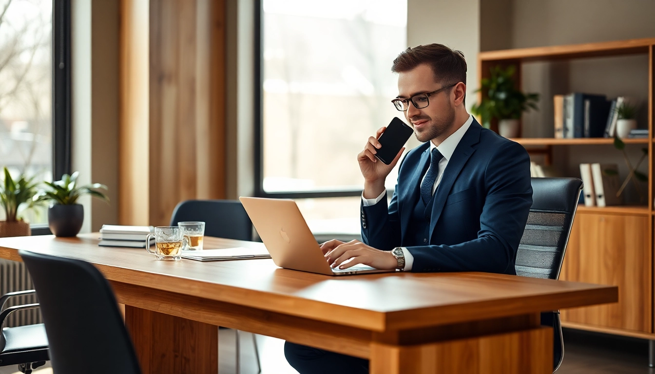Erfolgreicher Headhunter arbeitet an einem modernen Schreibtisch mit Laptop.