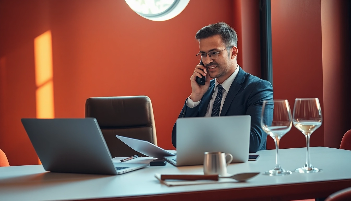 Headhunter Gastronomie führt ein Gespräch am Schreibtisch, während gastronomische Elemente den Raum ergänzen.