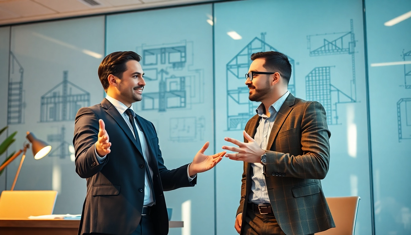 Professioneller Headhunter Baubranche im Gespräch mit Bauingenieur, modernes Büro.