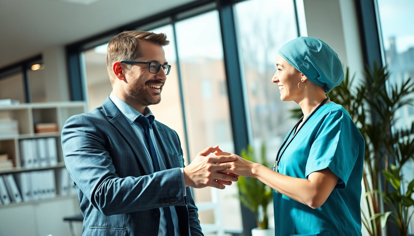 Professioneller Headhunter Pflegekräfte schüttelt die Hand eines Bewerbers in einem modernen Büro.