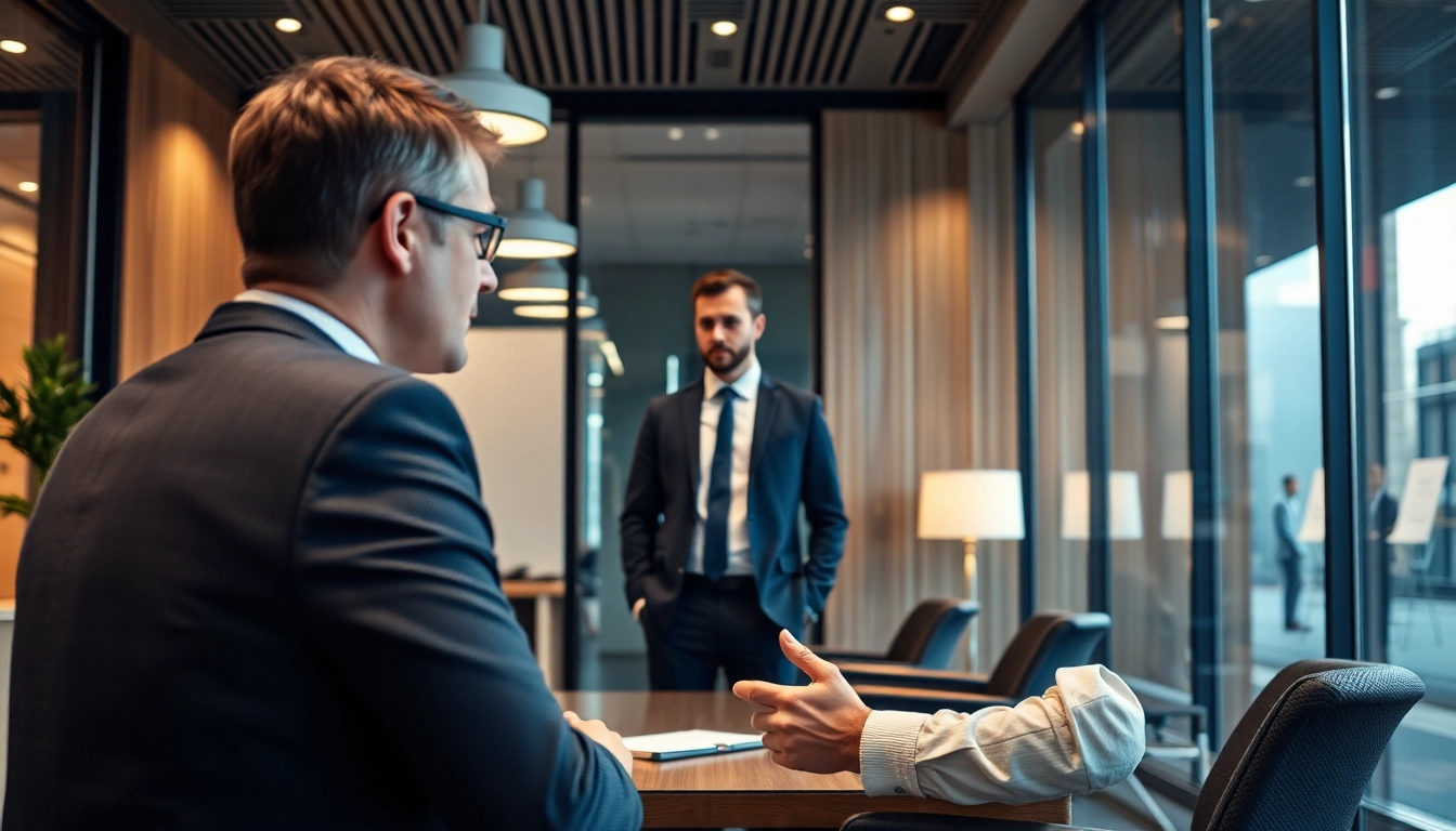 Headhunter Essen im Gespräch mit einem Klienten in einem modernen Büro.
