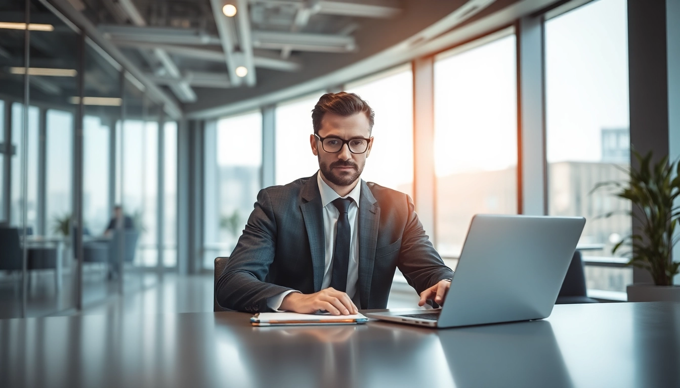Professioneller Headhunter Düsseldorf arbeitet in modernen Büro mit Laptop.