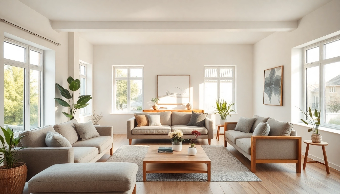 Raumgestaltung mit einem stilvollen und einladenden Wohnzimmer, das eine harmonische Farbpalette und gemütliche Möbel präsentiert.