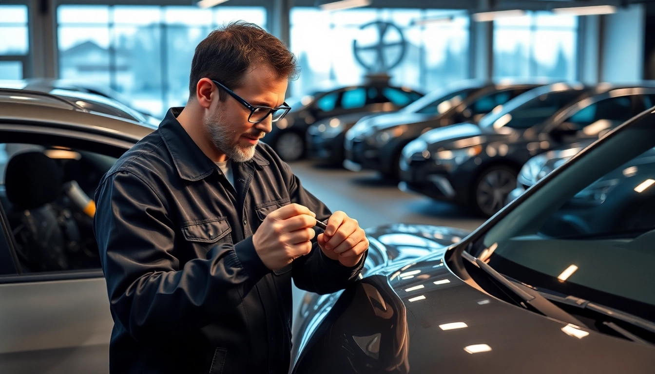 Dellen vor Rückgabe entfernen München: Techniker entfernt sorgsam eine Delle aus einem Fahrzeug in einer modernen Werkstatt.