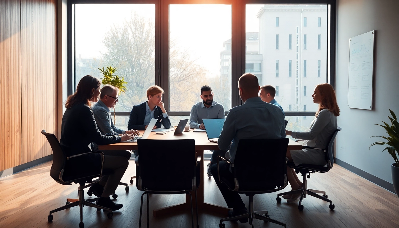 Headhunter München: Dynamische Bürosituation mit Geschäftsleuten, die intensiv an Headhunting-Prozessen arbeiten.