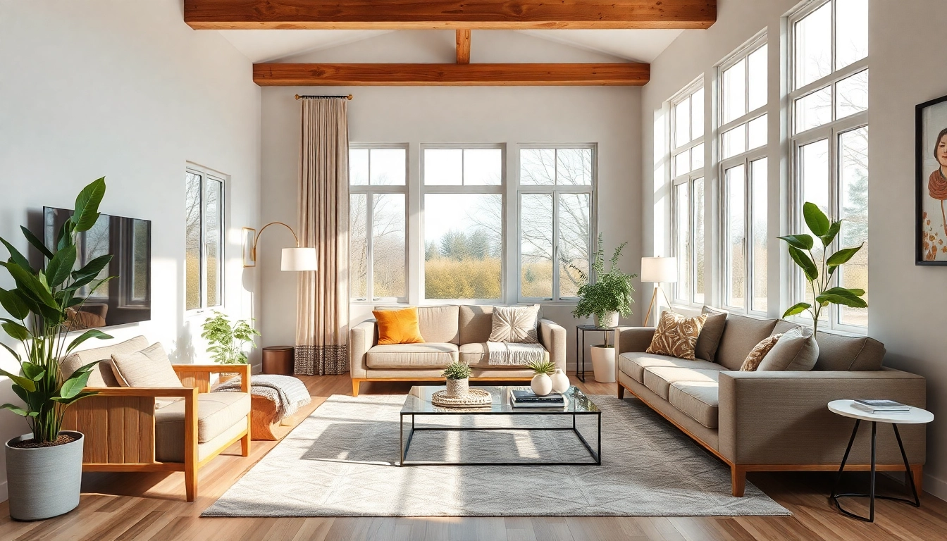 Gemütliche Raumgestaltung eines hellen Wohnzimmers mit modernen Möbeln und Pflanzen.