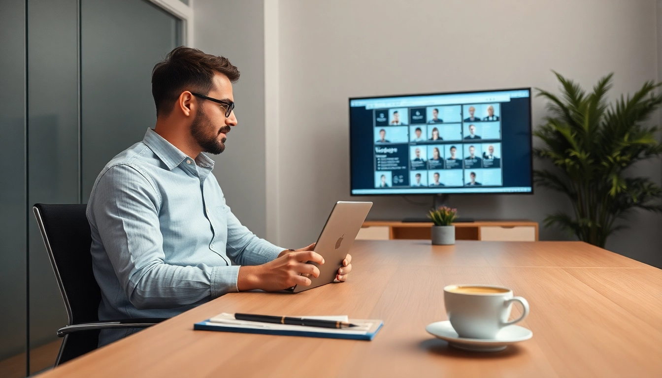 Headhunter IT betrachtet Bewerberprofile in einem modernen Büro mit einem Laptop und einem Bildschirm.