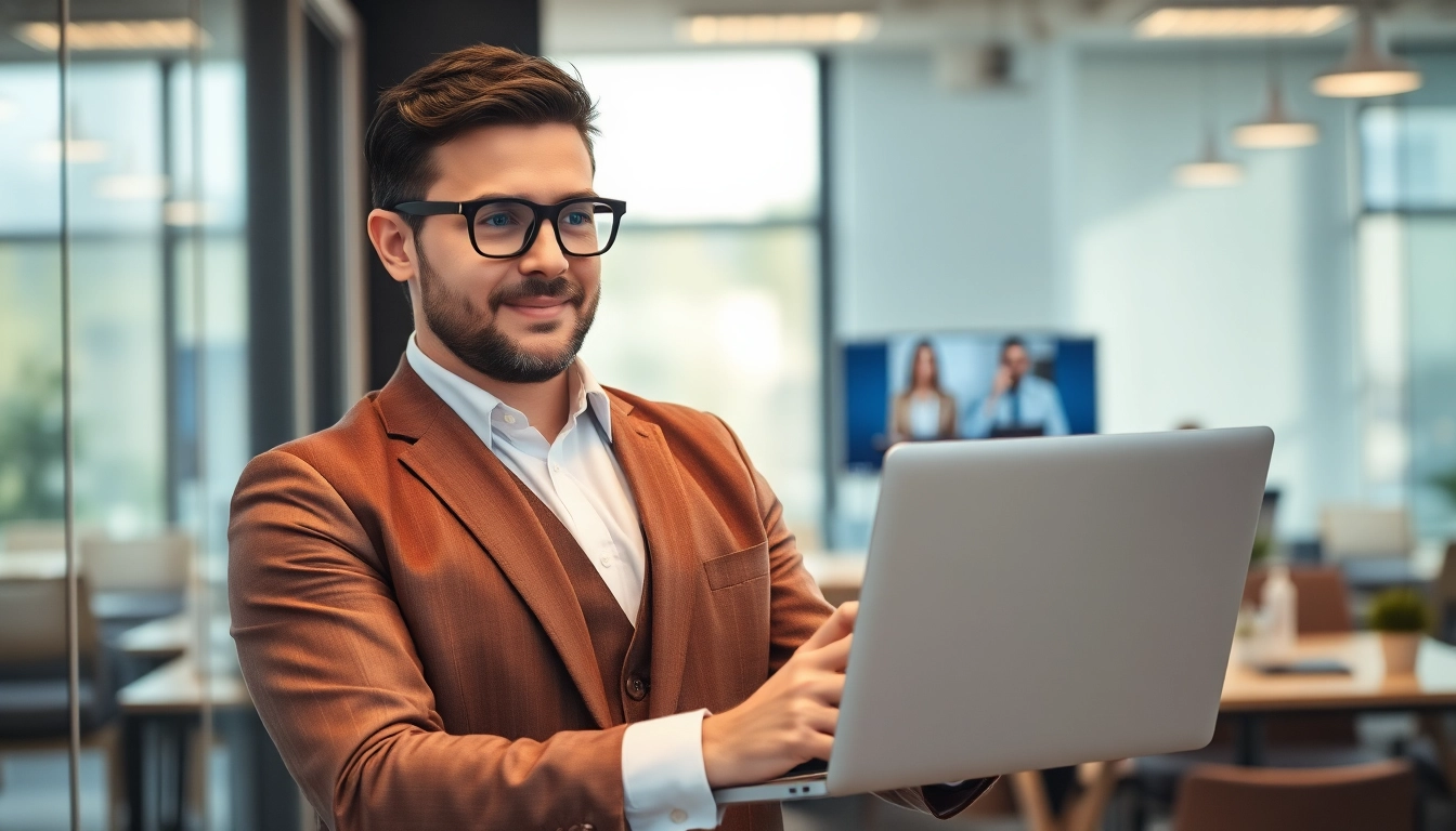 Headhunter IT beim Arbeiten in einem modernen Büro, umgeben von Technologie.