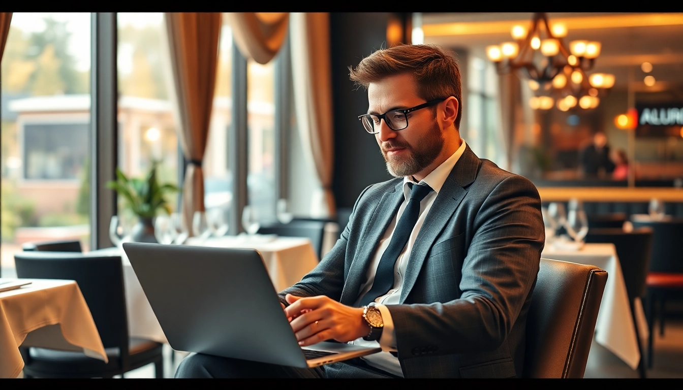 Headhunter Gastronomie: Professioneller Headhunter in einem eleganten Restaurant mit Laptop lebhaft dargestellt.