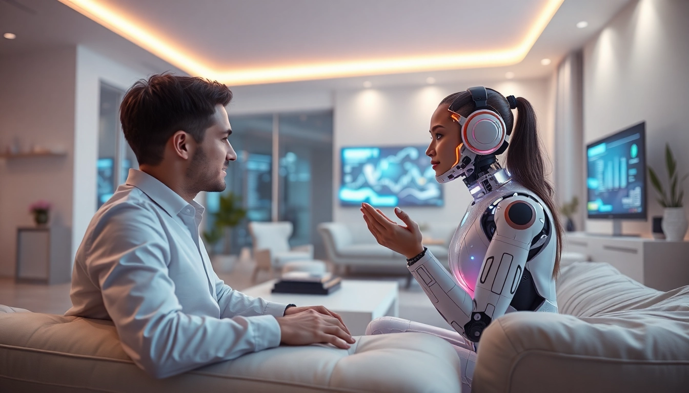 Interactive moment with an AI sex bot in a futuristic living room