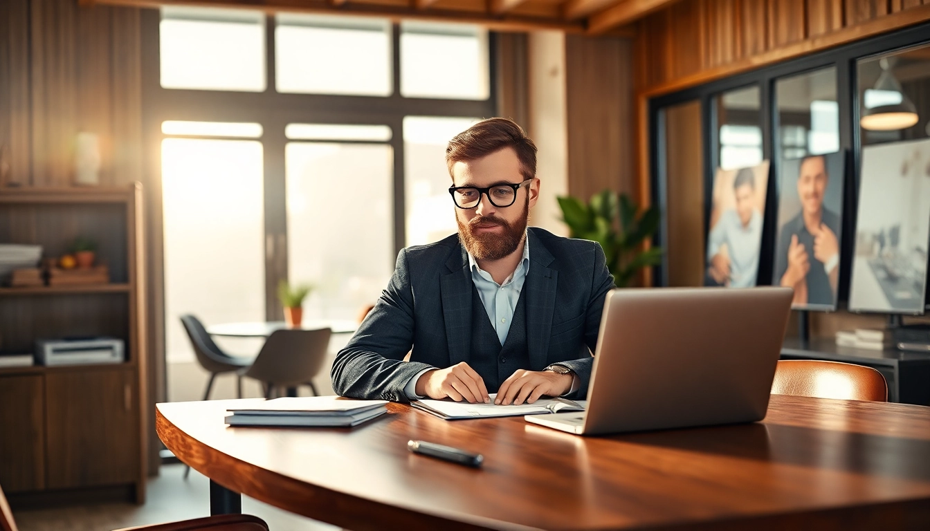 Headhunter Gastronomie berät in einem modernen Büro, umgeben von Notizen und einem Laptop.