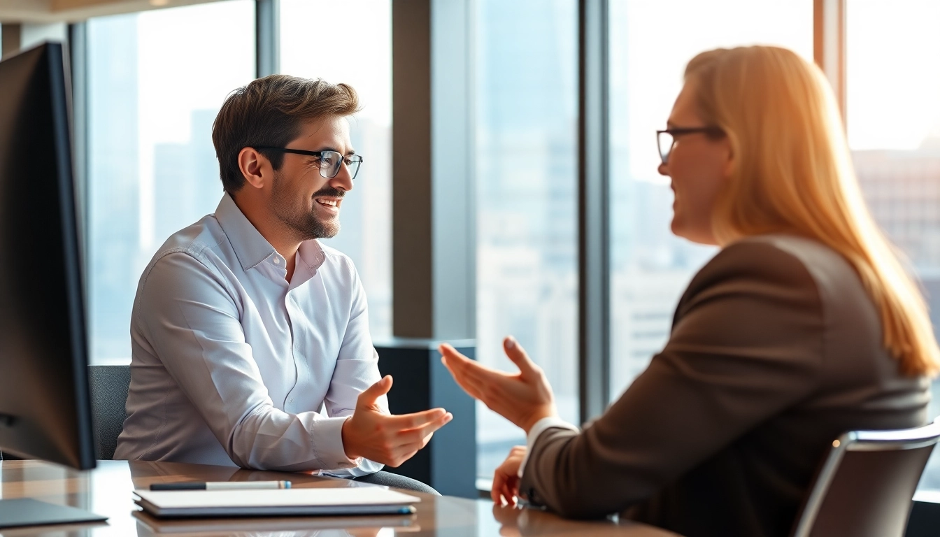 Headhunter Schweiz interagiert professionell mit einem Kandidaten in einem modernen Büro.