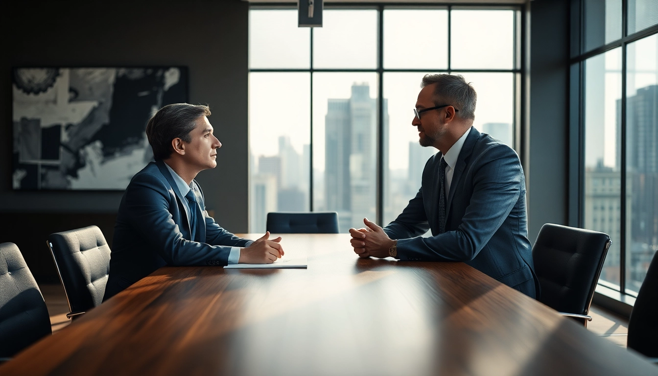 Headhunter Schweiz trifft sich mit Klienten in modernem Büro und diskutiert Strategien.