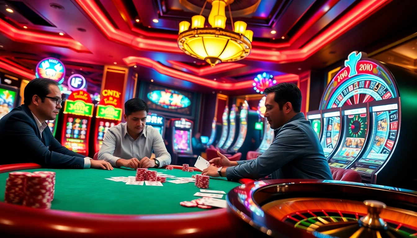 Engaging poker players at a luxurious casino table, illuminating the excitement of FLY888 gambling.