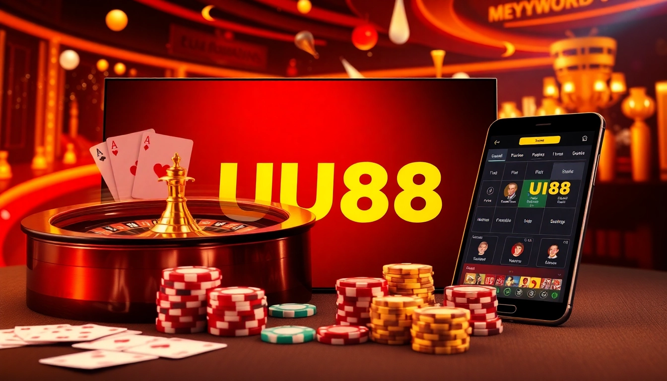 A vibrant gaming scene showcasing UU88 with roulette and poker elements for online gamblers.