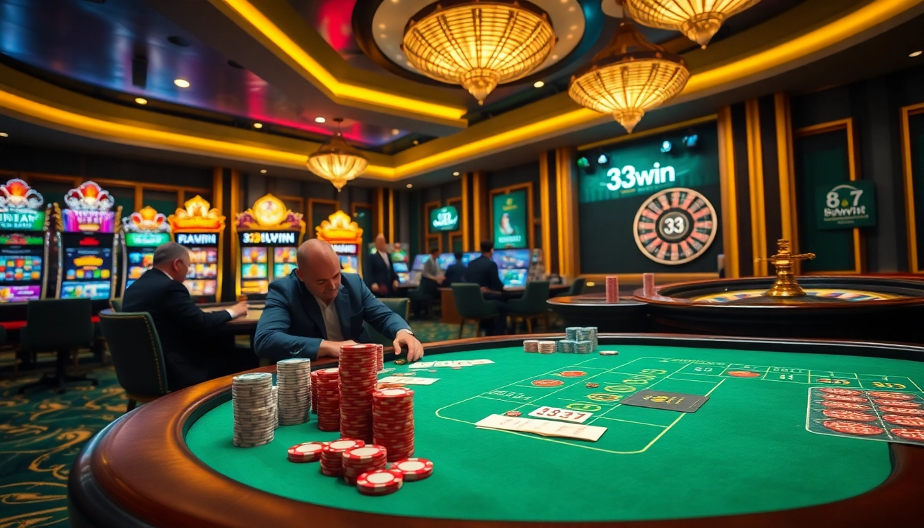 Players enjoying a thrilling game at 33WIN casino, showcasing vibrant tables and high-stakes excitement.