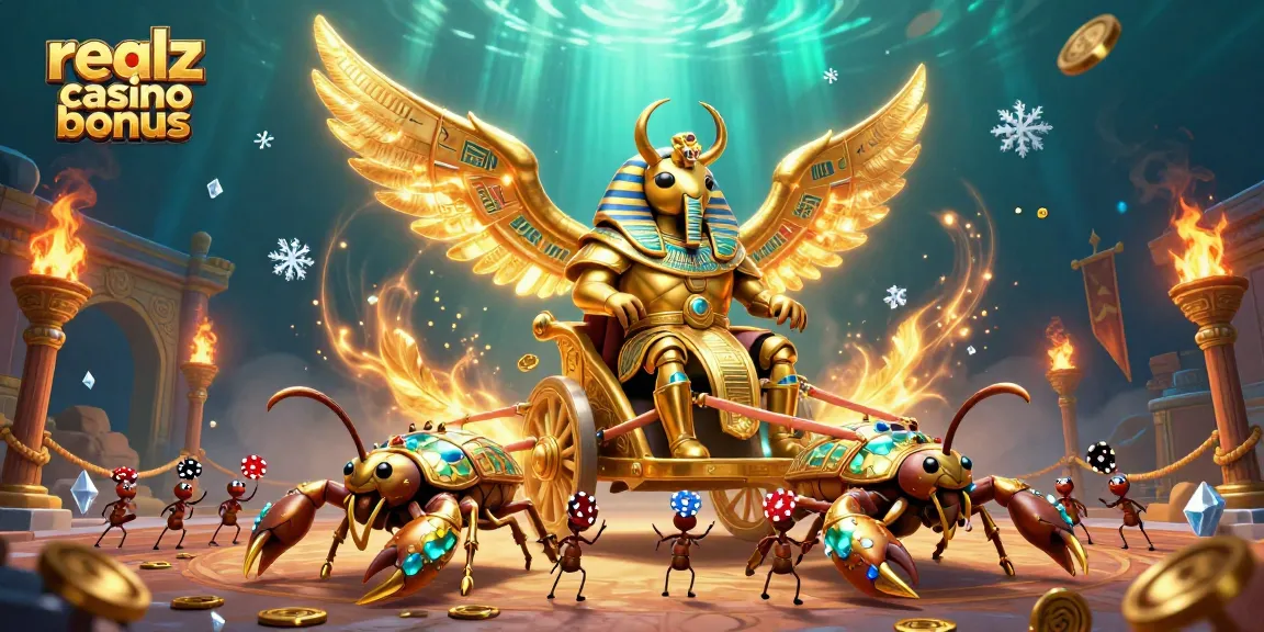 Bild des realz casino bonus mit einem goldenen Skarabäus in Pharaonenrüstung, der von zwei Skorpionen gezogen wird, umgeben von Spielelementen.